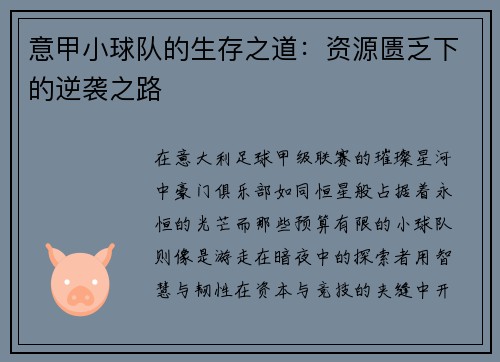 意甲小球队的生存之道：资源匮乏下的逆袭之路